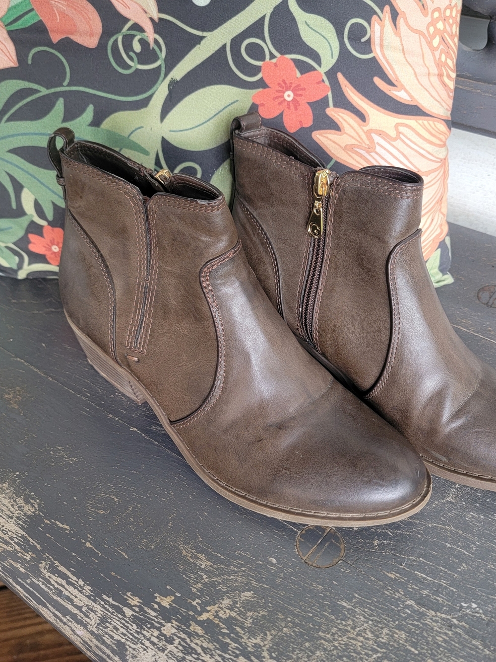 Guess Brown Leather-Look Ankle Booties with Side Zip